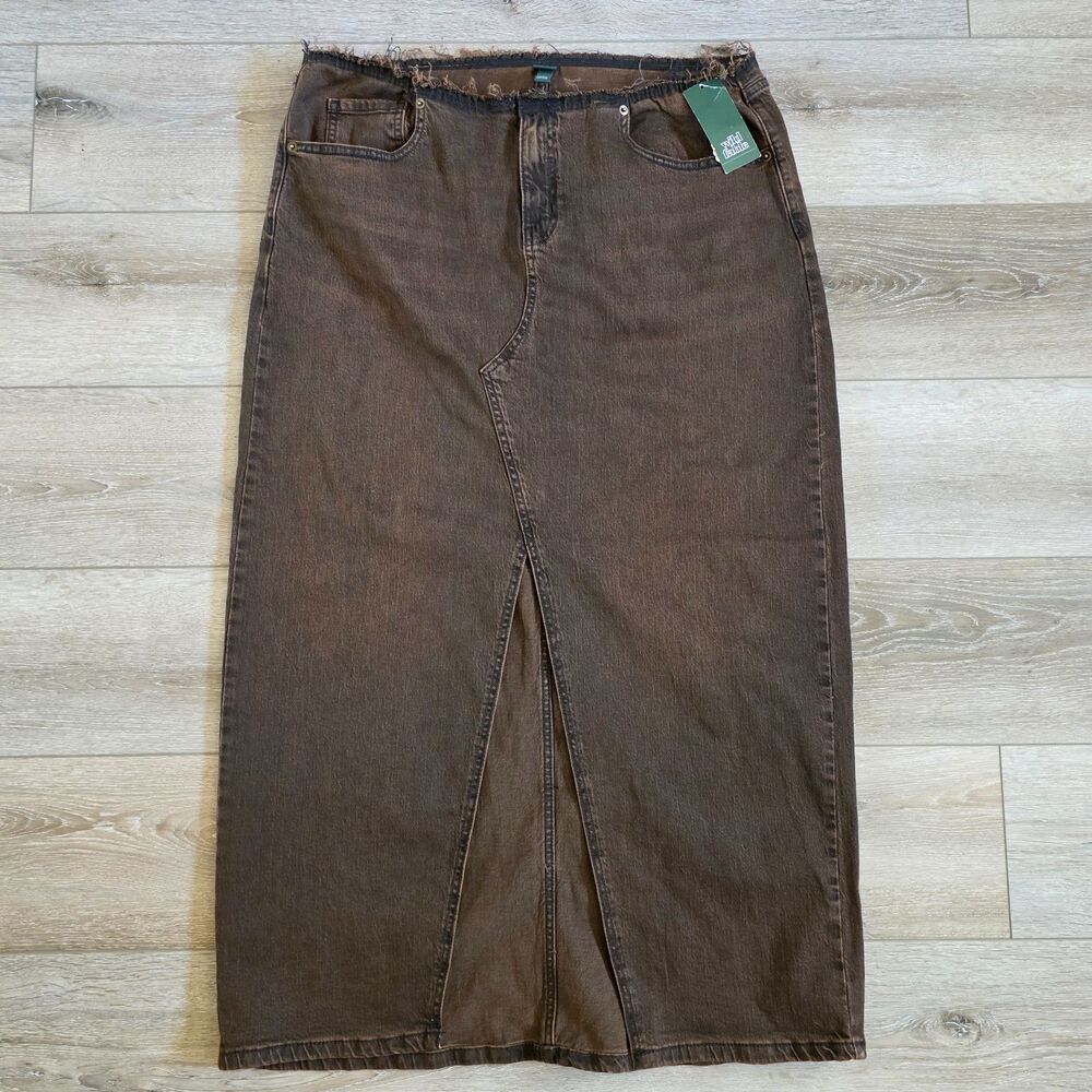 Wild Fable Skirt Brown Distressed Maxi Denim Front Slit Low Rise Western Sz 17
